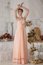 2013 Beautiful Peach Color One Shoulder Prom Dress Brush Train Chiffon Beading