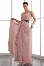 2013 Peach Puff One Shoulder Chiffon Prom Dress with Black Appliques