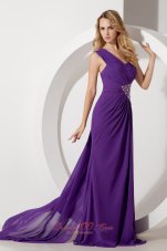 2013 Purple Column One Shoulder Beading Prom Dress Watteau Train Chiffon