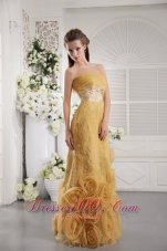 2013 Gold Column Strapless Floor-length Orangza Lace and Hand Flowers Prom / Graduation Dress