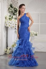 2013 Blue Mermaid One Shoulder Floor-length Orangza Ruch and Ruffles Prom / Graduation Dress