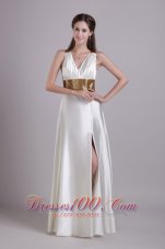 2013 White Empire V-neck Floor-length Taffeta Sash Prom / Evening Dress