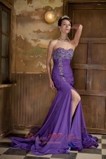 2013 Purple Mermaid Sweetheart Brush Train Chiffon Beading Prom Dress