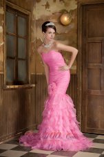 2013 Rose Pink Mermaid Sweetheart Brush Train Organza Hand Made Flower and Ruffles Prom Dress
