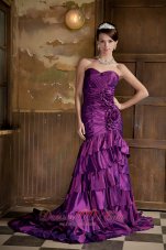 2013 Purple Mermaid Sweetheart Brush Train Taffeta Hand Made Flowers Prom Dress