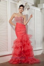 2013 Unique Coral Red Mermaid Prom / Evening Dress Sweetheart Beading Brush Train Organza
