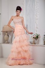 2013 Informal Baby Pink Column Prom Dress Sweetheart Organza Beading Floor-length