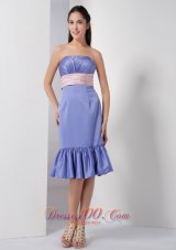 Customize Lilac Column Strapless Bridesmaid Dress Elastic Woven Satin Belt and Ruch Knee-length