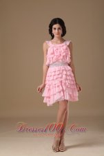 Pink A-line Scoop Mini-length Chiffon Beading Prom Dress