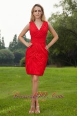 Red Column V-neck Mini-length Chiffon Ruch Prom / Homecoming Dress