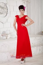 Custom Made Red Column Prom / Homecoming Dress V-neck Ankle-length Chiffon Beading