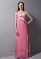 Pink Column One Shoulder Floor-length Taffeta and Chiffon Beading Prom Dress