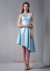 Sky Blue A-line Halter Asymmetrical Elastic Woven Satin Ruch Prom Dress