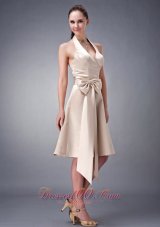 Champagne A-line / Princess Halter Tea-length Satin Sash Bridesmaid Dress