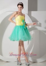 Apple Green and Yellow A-line Sweetheart Mini-length Organza Hand Made Flowers Prom Dress