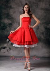 White and Red A-line Strapless Knee-length Organza and Taffeta Prom Dress