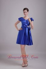 Blue A-Line / Princess V-neck Mini-length Taffeta Beading Bridesmaid Dress
