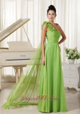 One Shoulder With Hand Made Folwers Chiffon Prom Dress Watteau Train Spring Green