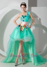 Super Hot Ice Blue One Shoulder High-low Princess Prom Dress with Beading and Appliques