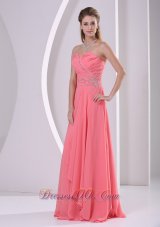 Watermelon Red Sweetheart Beaded and Ruched Chiffon Dress For Prom Party