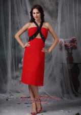 Red and Black Column V-neck Tea-length Chiffon Beading Prom Dress
