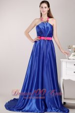 Blue Empire Halter Top Brush Elastic Woven Satin Beading and Sash Prom / Pageant Dress