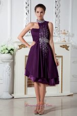 Dark Purple Empire Asymmetrical Prom Dress Knee-length Chiffon Beading