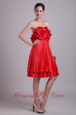 Red Empire Strapless Knee-length Taffeta Handle Flower and Pleat Prom / Cocktail Dress