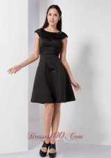 Customize Black A-line Scoop Little Black Dress Knee-length Satin Beading