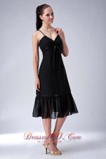 Lovely Black Column Straps Bridesmaid Dress Ruch Tea-length Chiffon