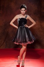 Popular Black Short Prom Dress A-line / Princess One Shoulder Mini-length Organza Ruch