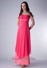 Coral Red and Watermelon Column Strapless Bridesmaid Dress Chiffon and Satin Ruch Ankle-length