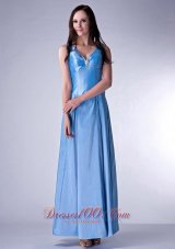 Custom Made Baby Blue Cloumn V-neck Bridesmaid Dress Taffeta Beading Ankle-length