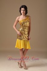 Gold Column One Shoulder Knee-length Sequin and Chiffon Beading Prom Dress