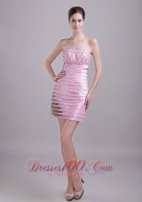 Baby Pink Column/Sheath Strapless Knee-length Taffeta and Leopard Beading Ruffles Prom / Homecoming Dress
