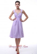 Lavender Straps Prom Dress With Beaded and Ruch Decorate Knee-length  Dama Dresses