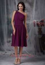 Purple Empire One Shoulder Knee-length Chiffon Ruch Bridesmaid Dress  Dama Dresses