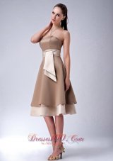 Brand New Brown Empire Strapless Bridesmaid Dress Sash Tea-length Satin  Dama Dresses