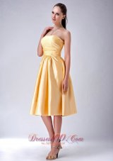 Special Gold Empire Strapless Bow Bridesmaid Dress Tea-length Satin  Dama Dresses