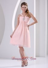 Baby Pink Straps V-neck Empire Knee-length Short Prom Dress With Beading Chiffon  Dama Dresses