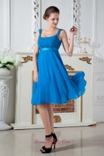 Blue Empire Straps Prom Dress Knee-length Chiffon Ruch  Dama Dresses
