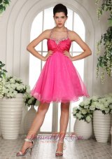 2013 Hot Pink Beaded Spaghetti Straps Halter Prom Dress Knee-length