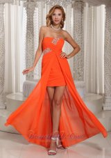 2013 Wholesale High-low Beading Homecoming Dress Orange Red Chiffon Party Style