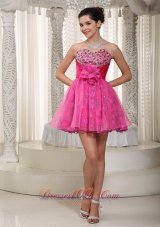 2013 Hot Pink A-line Sweetheart Mini-length Taffeta and Organza Beading and Hand Made Flower Prom Dress