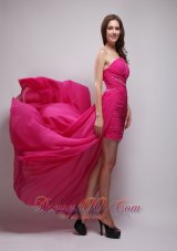 2013 Hot Pink Asymmetrical One Shouleder Brush Train Chiffon Beading Prom / Evening Dress