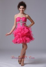 2013 Sweetheart A-Line Mini-length Organza Beading Hot Pink Cocktail Dress