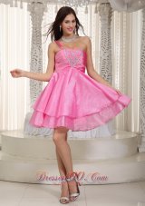 2013 Rose Pink A-line One Shoulder Mini-length Taffeta and Organza Beading Prom Dress