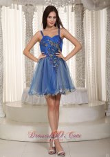 2013 Blue A-line / Princess Straps Mini-length Organza Appliques Prom Dress