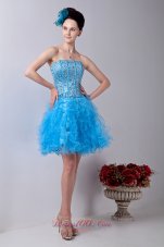2013 Baby Blue A-line Strapless Prom / Homecoming Dress Organza Beading Mini-length