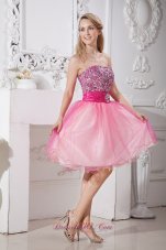 2013 Pink A-line Strapless Short Prom Dress Taffeta and Organza Beading Knee-length